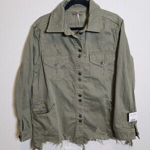 Free People Olive Green Utility Jacket Women’s Medium Distressed Raw Hem NWT